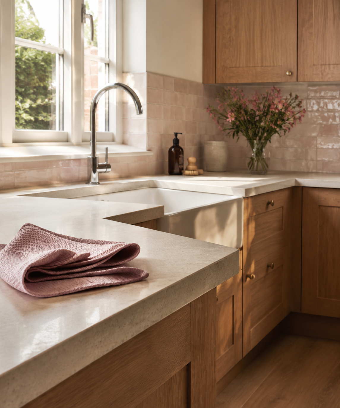 A clean kitchen with cream counters and a folded pink cloth